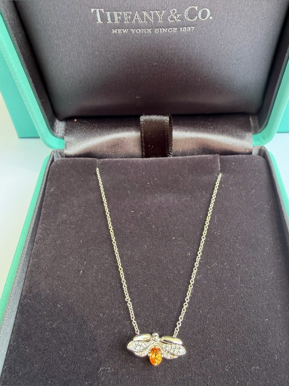 Tiffany & Co . Platinum  Paper Flower Spessartine & Diamonds Firefly Necklace